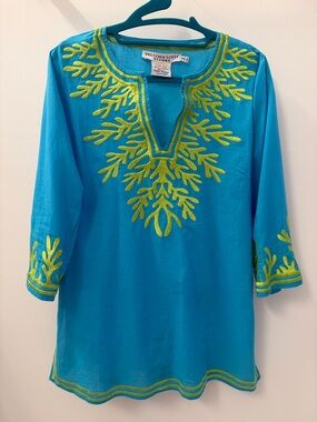 Gretchen Scott Designs Turquoise Tunic with Lime Green Embroidery